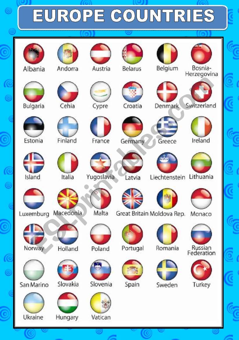 EUROPE COUNTRIES FLAGS worksheet