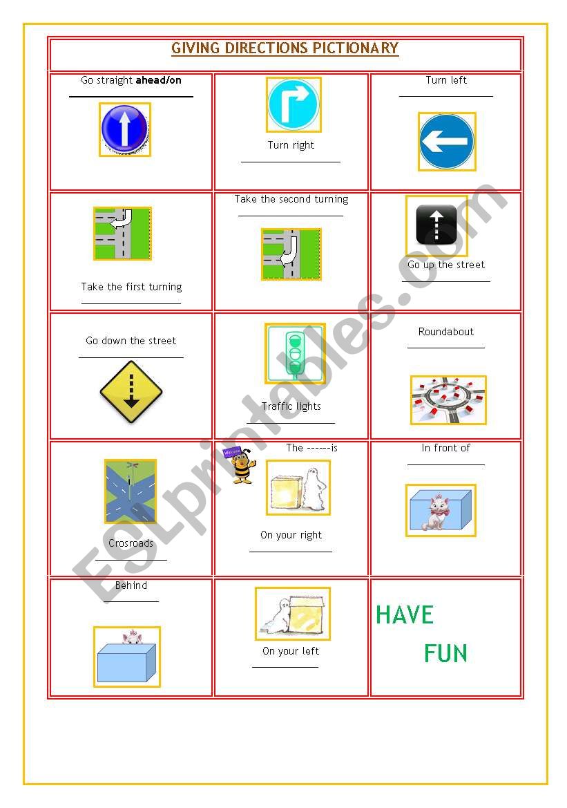 Giving direction - pictionary worksheet