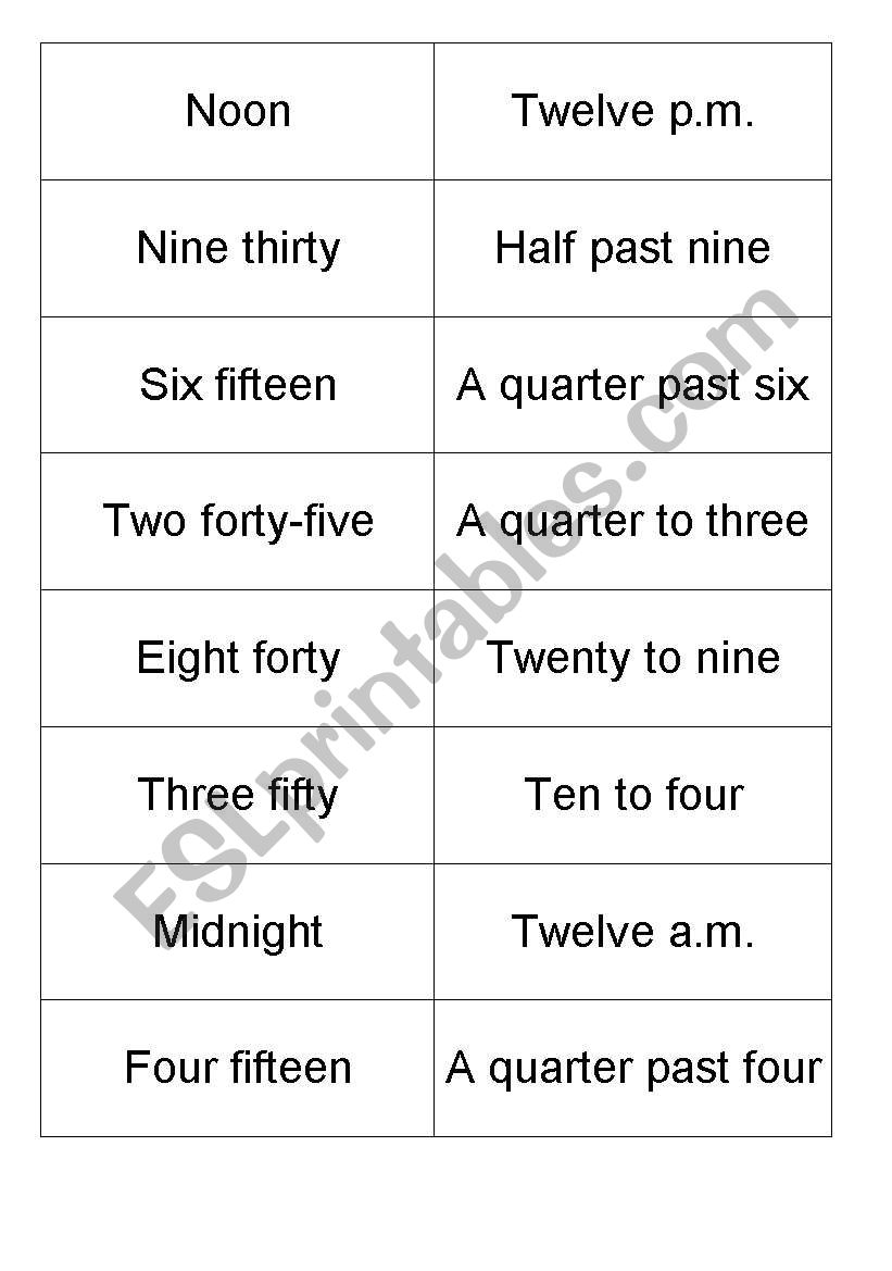 Different ways to tell the time - Memory Game