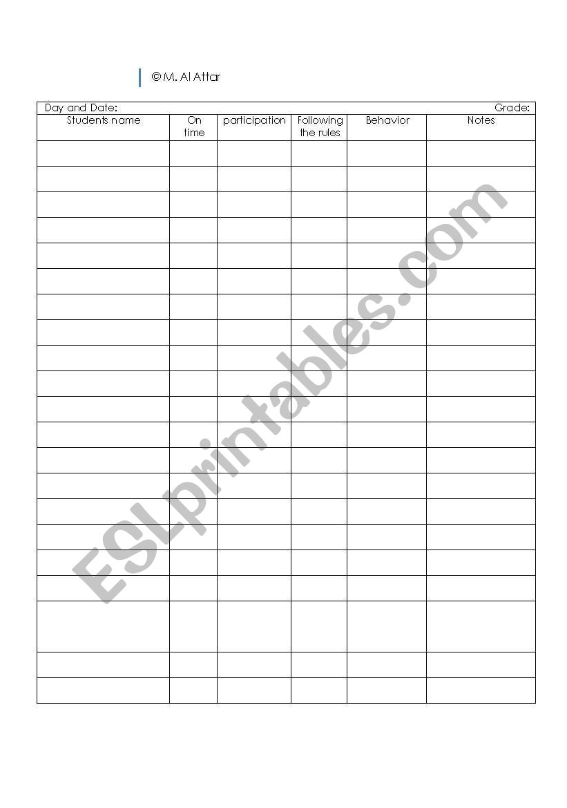 classroom record worksheet