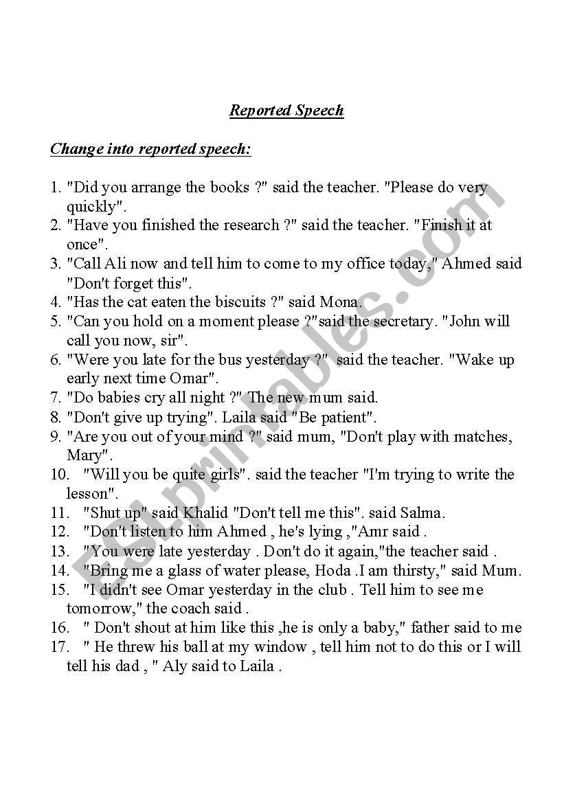 Reported Speech worksheet