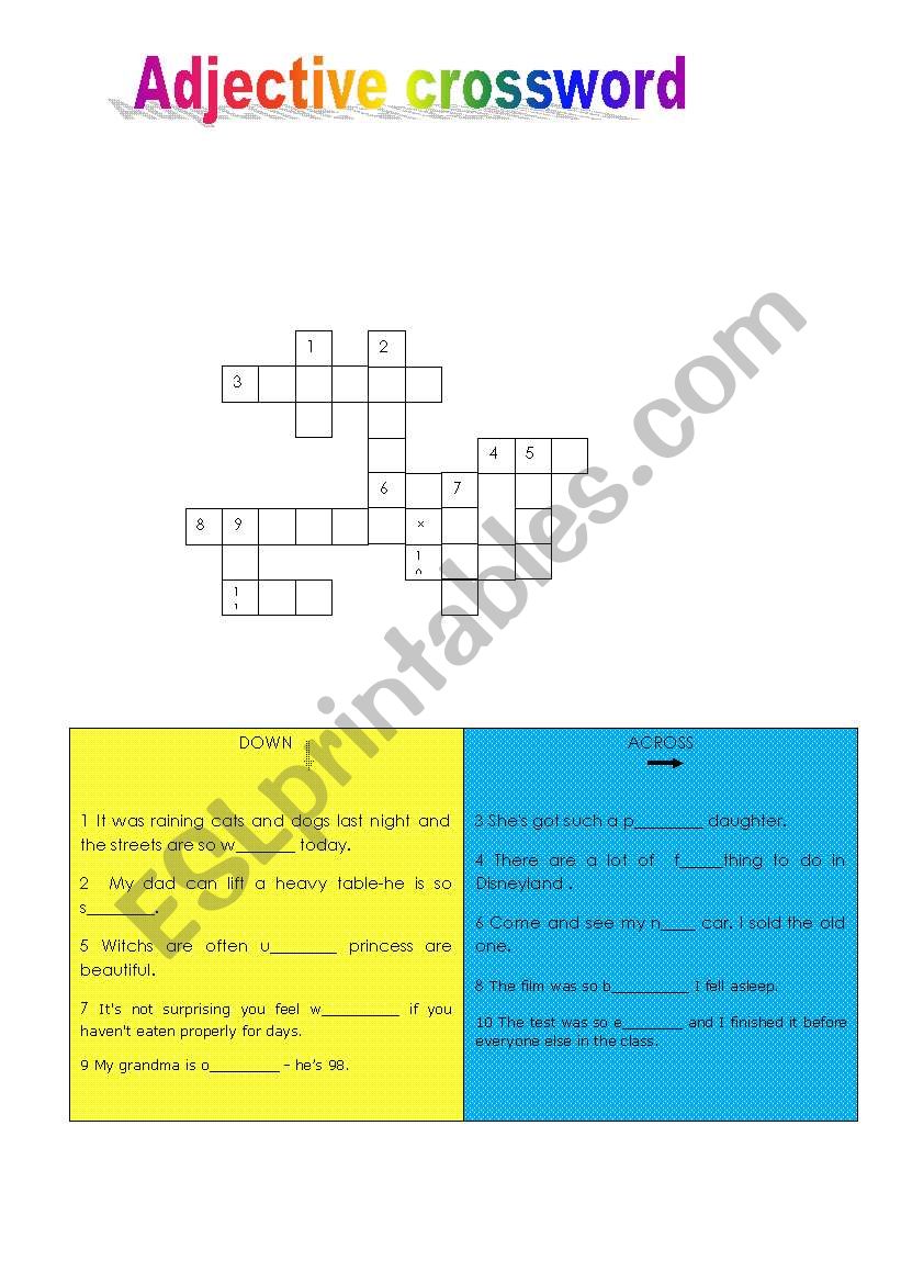 Adjective crossword worksheet
