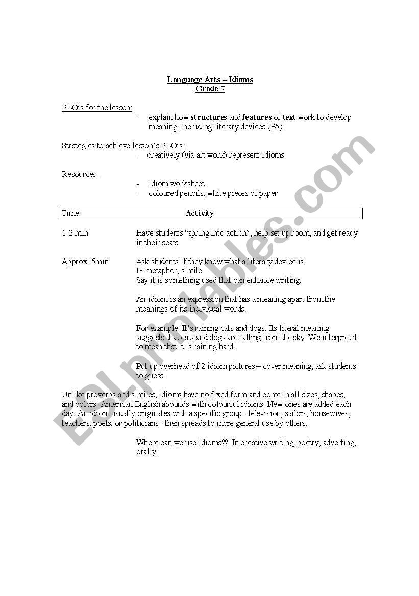 Idioms worksheet