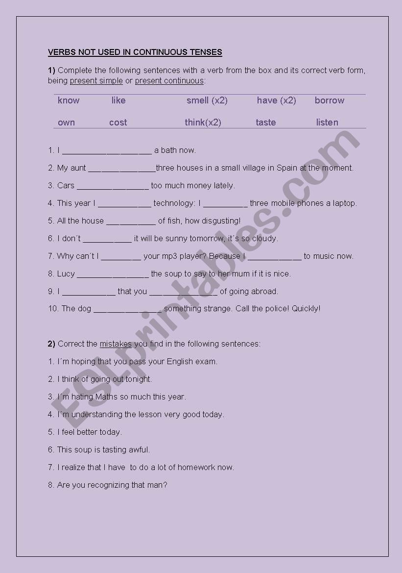 Verbs not used in continous tenses