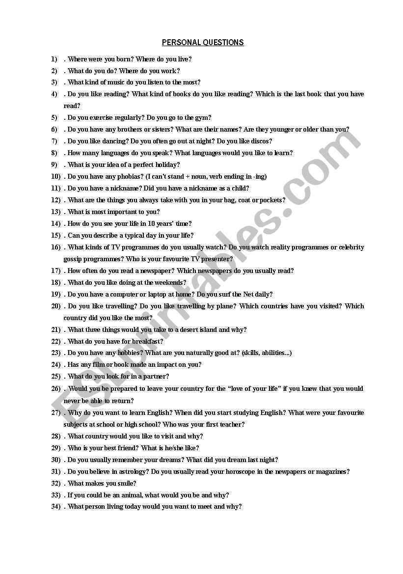 Personal questions worksheet