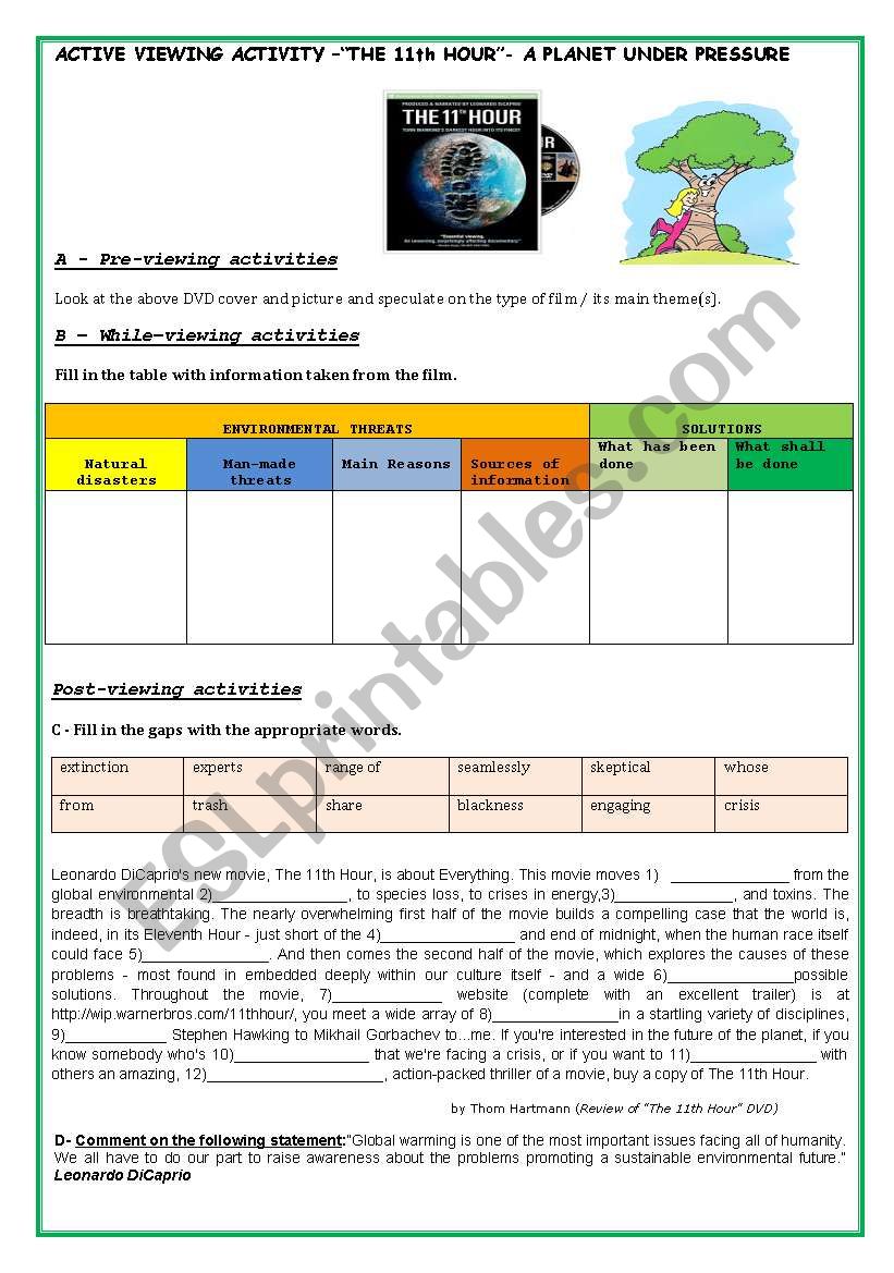 Movie The 11th Hour Environment Esl Worksheet By Teresapr