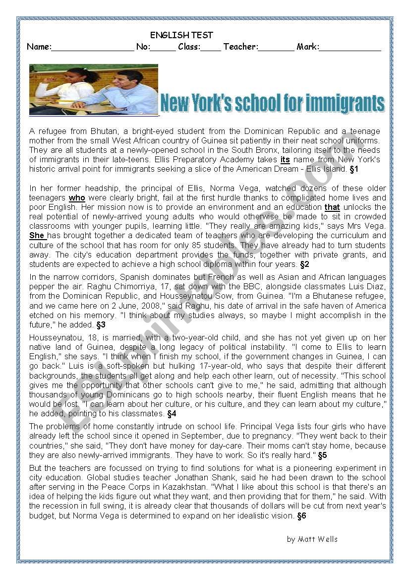 TEST:New Yorks school for immigrants   