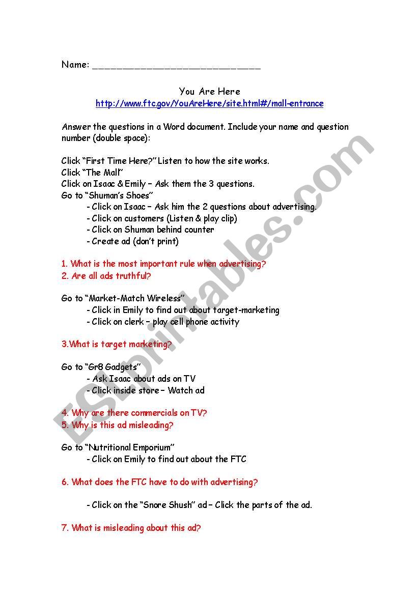 You Are Here - Advertising worksheet