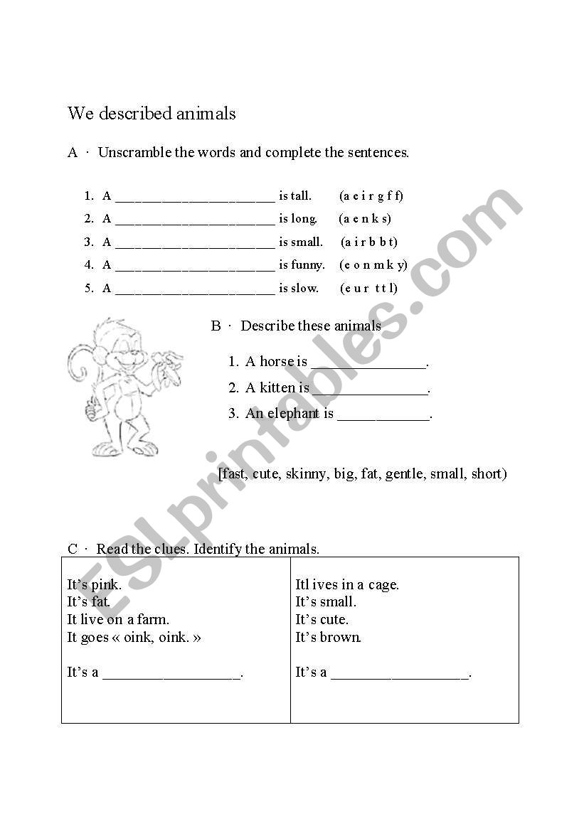 Described animals worksheet