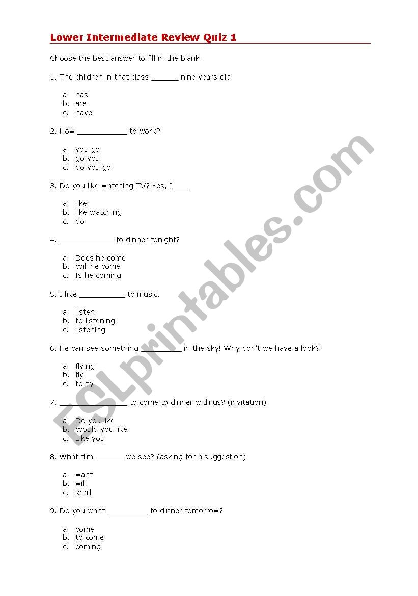lower intermediate level quiz worksheet