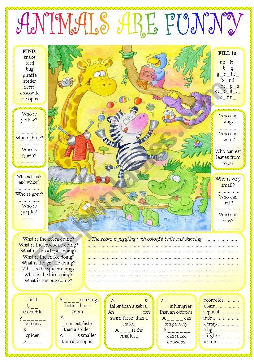 Animal FUN revision for Elementary - Pr. cont., Def., Comparing, Prepositions, can/cant + GAMES ((6_pages)) (+BW + KEY + Notes) - A1-2 level