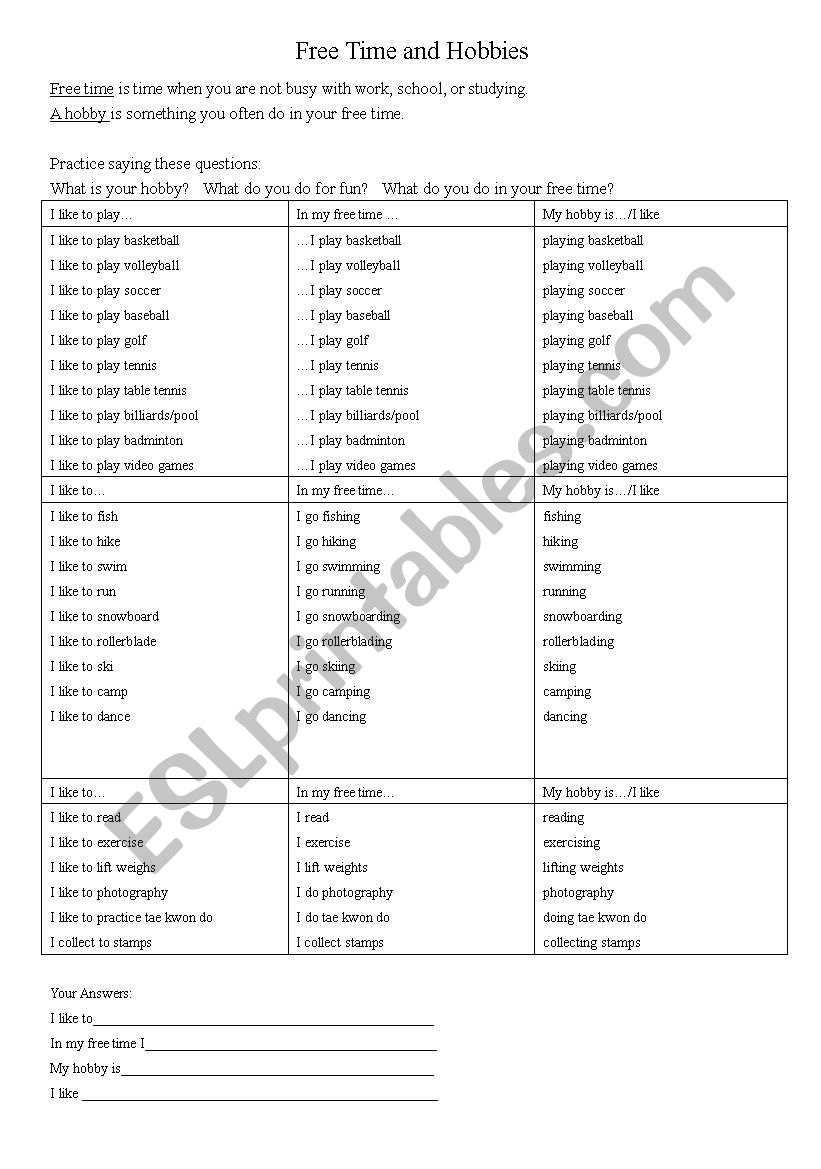 Free Time and Hobbies worksheet