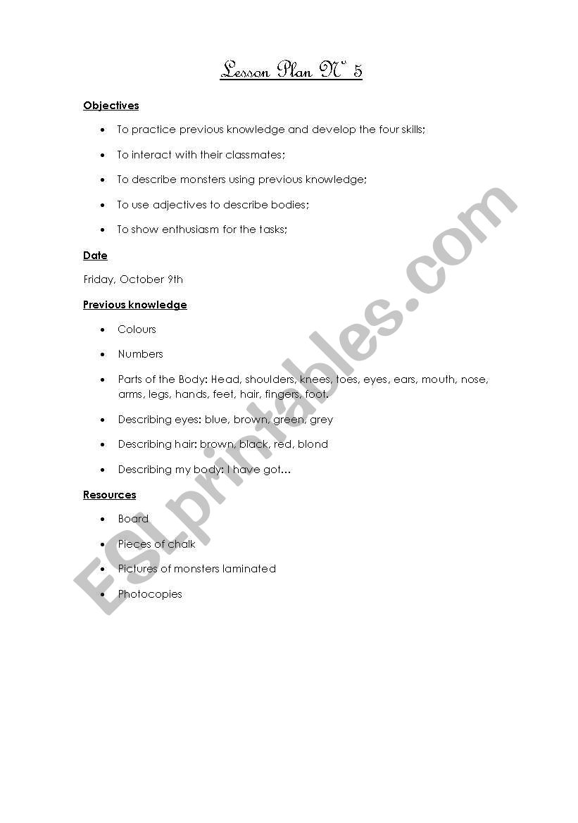 Lesson Plan Nº5 (Parts of the body, I have got, colours, numbers) 5/12
