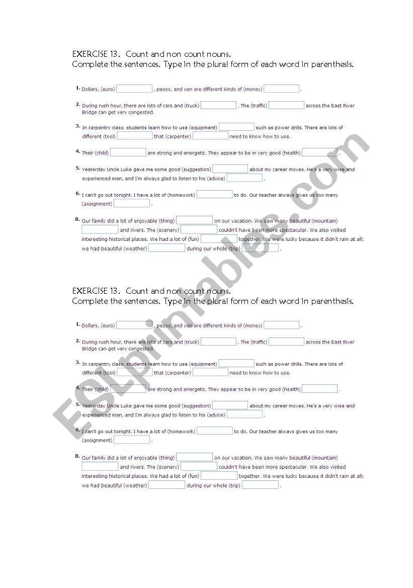 Count and mass nouns worksheet
