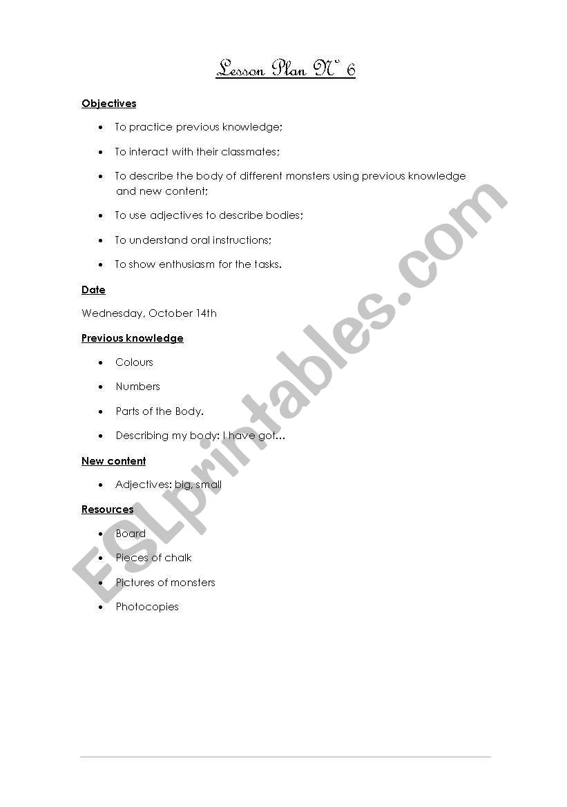 Lesson Plan NÂº6 - ALL Worksheets included (Parts of the body, I have got, colours, numbers, adjectives) 6/12