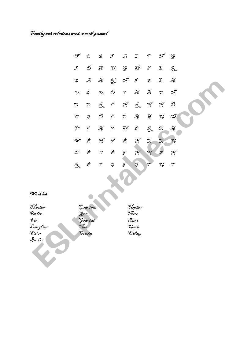 Word search puzzel family worksheet