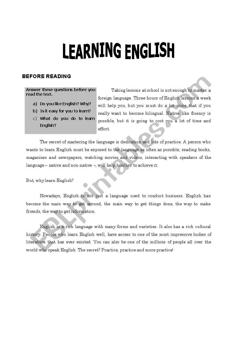 Learning English worksheet