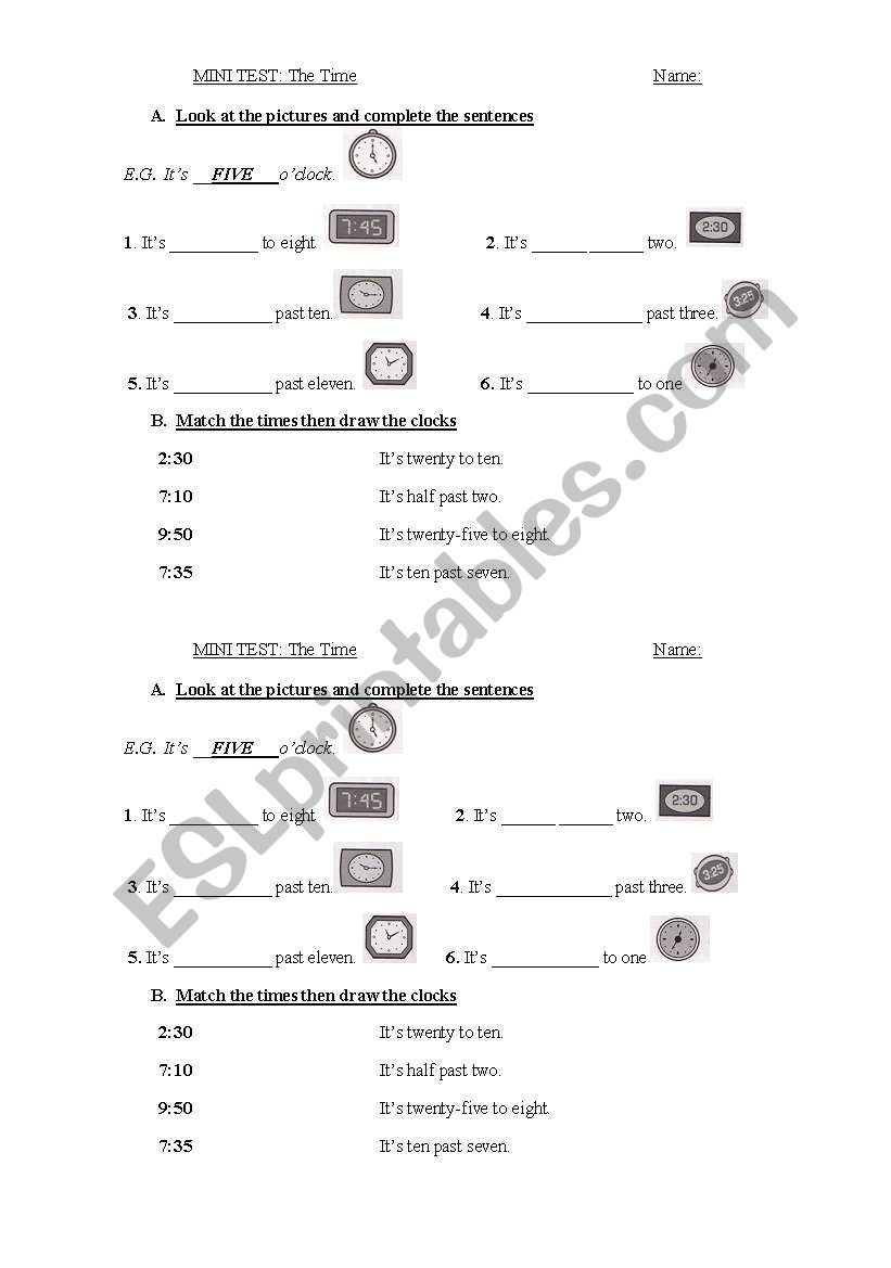 Mini test the time worksheet