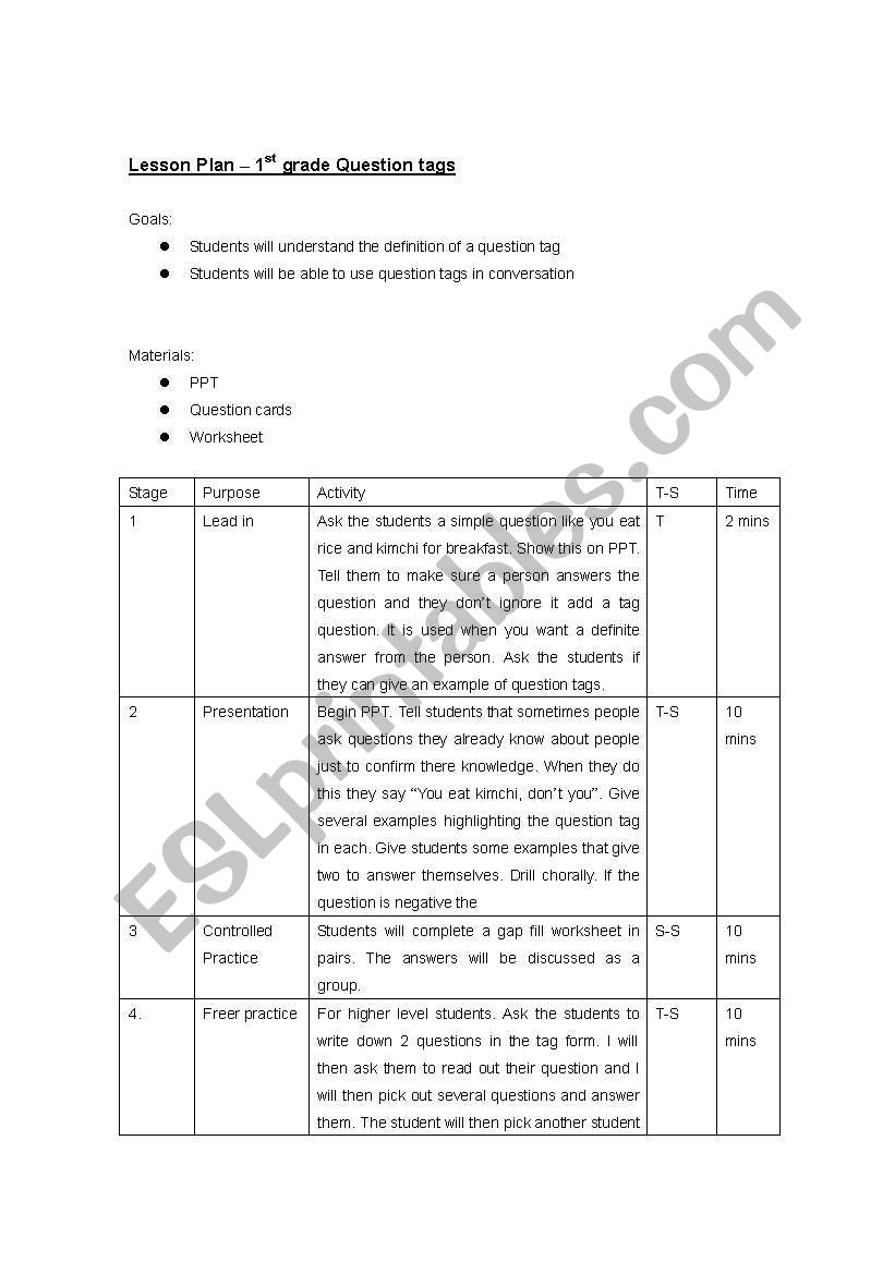 Lesson Plan - Tag Questions worksheet