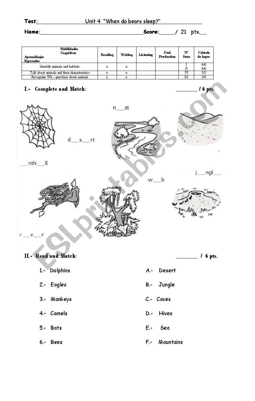 Animals and Habitats Test worksheet