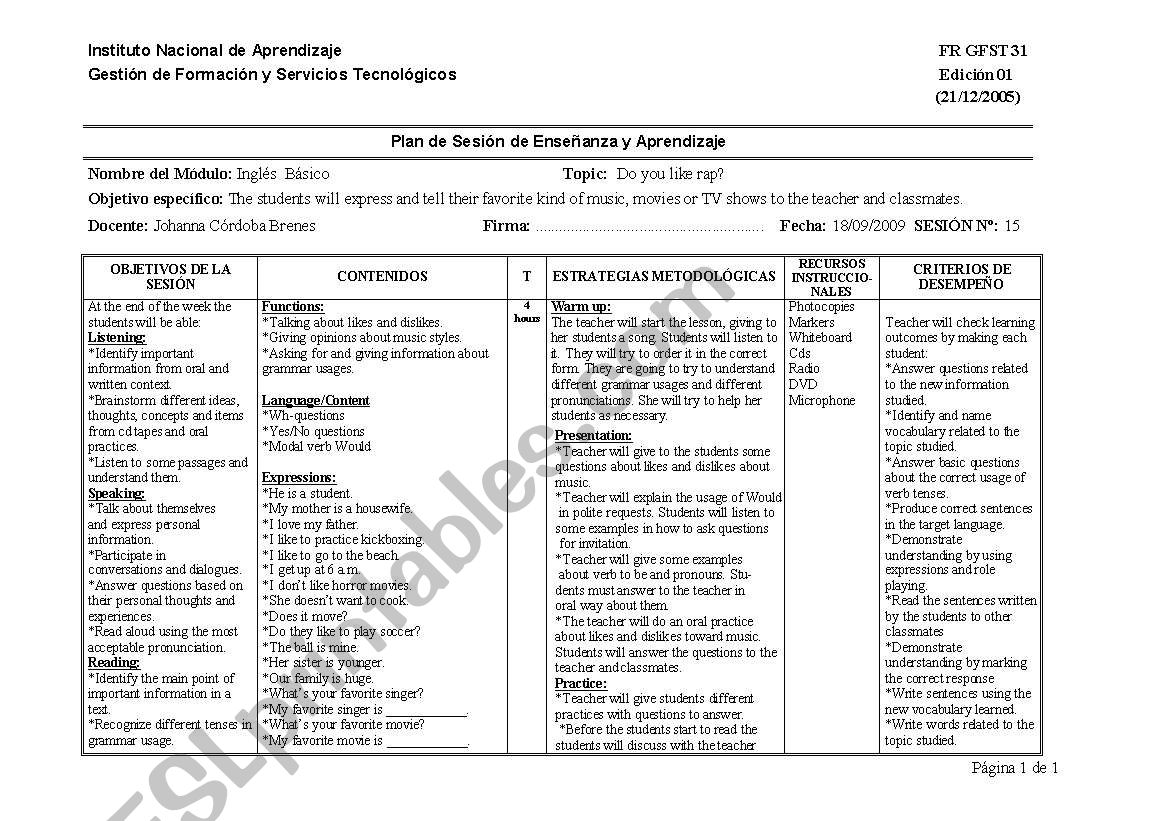 Planninng about music worksheet