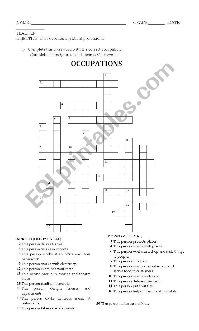 occupations crossroad worksheet