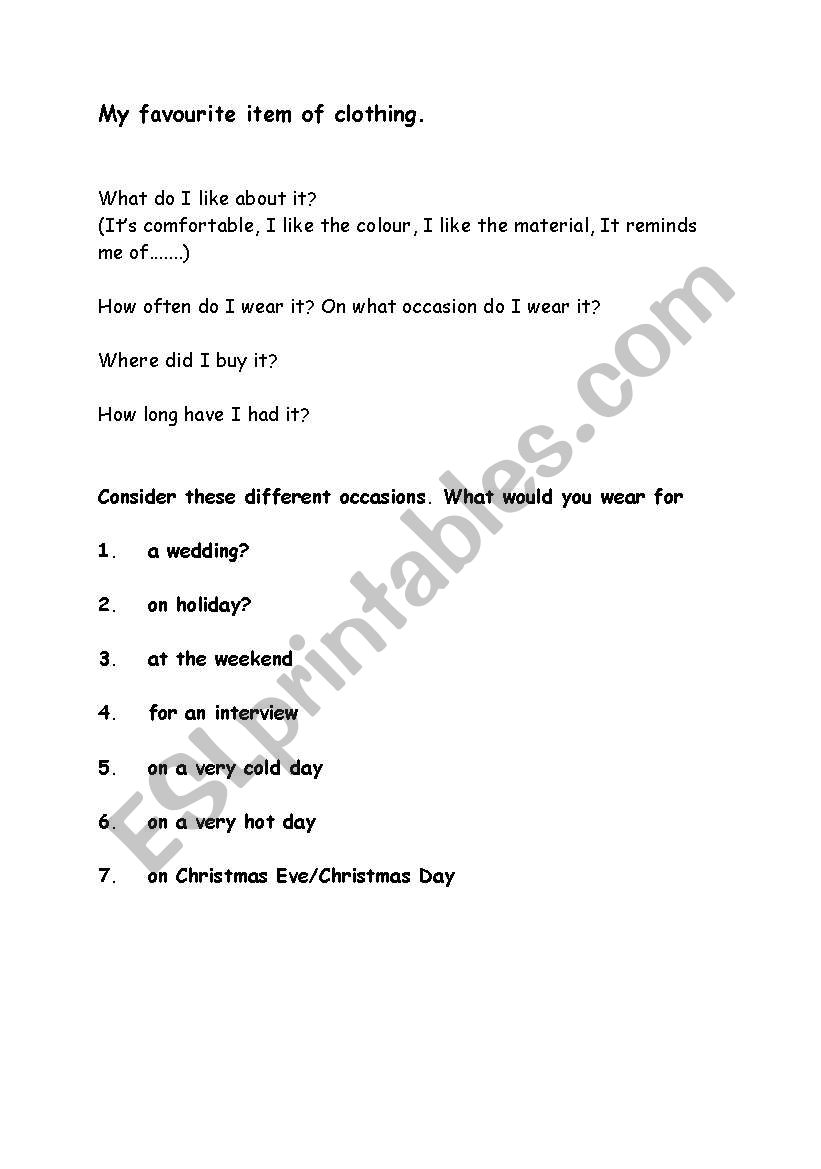 my favourite item of clothing worksheet