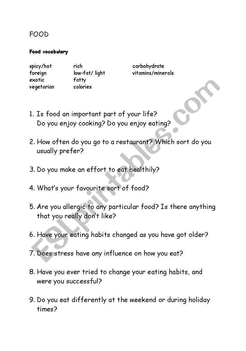 FOOD worksheet