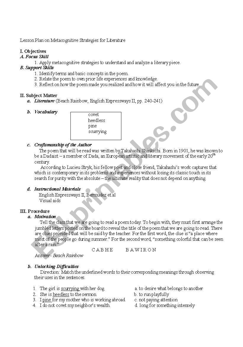 metacognititve strategies for literature