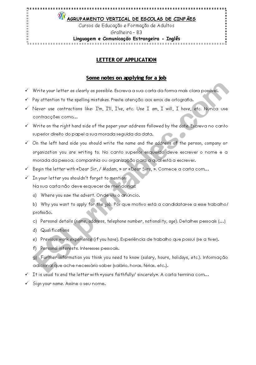 Letter of Application worksheet