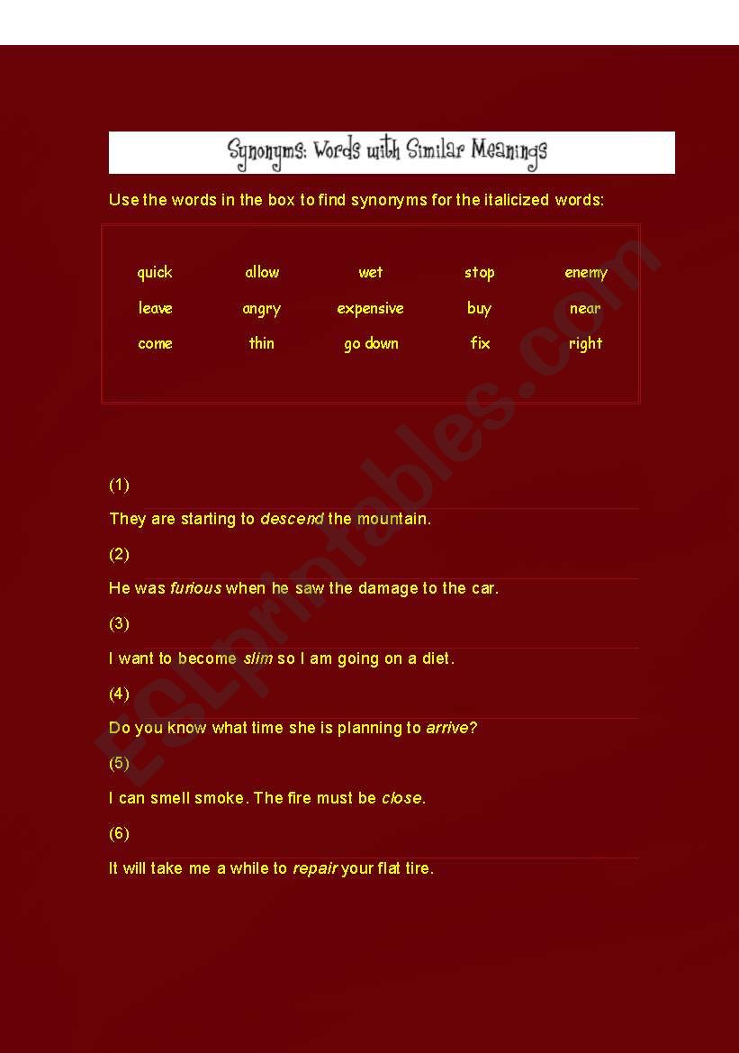 sysnonyms worksheet