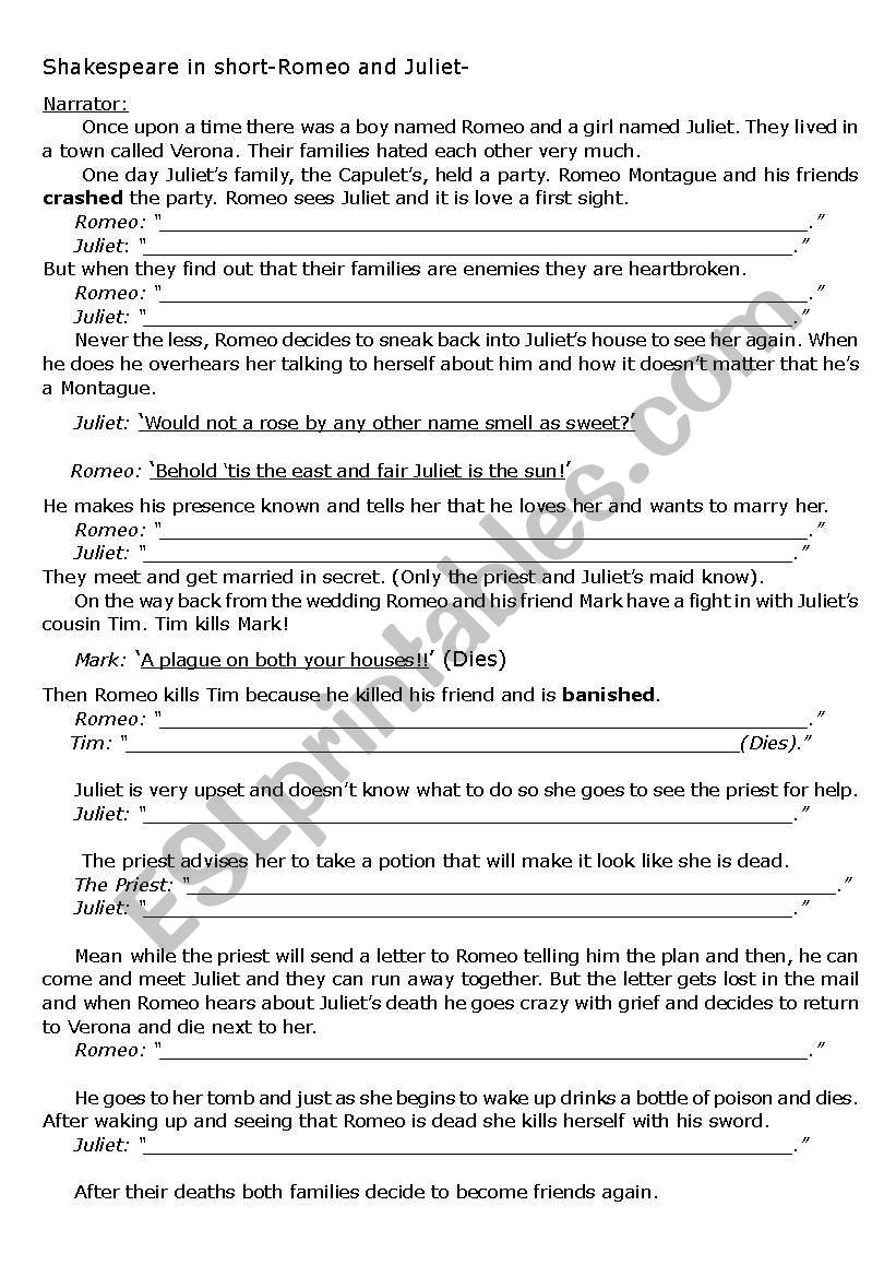 Romeo and Juliet in Short worksheet