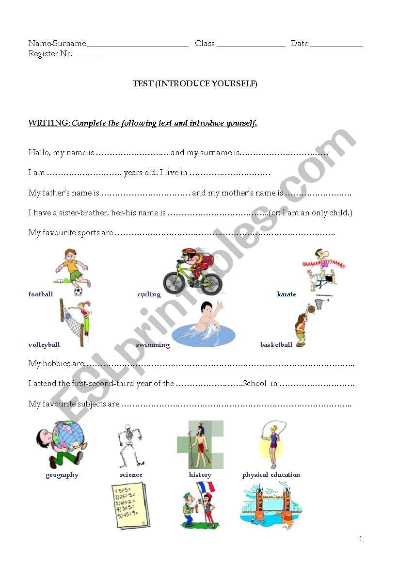 Test: Introduce yourself worksheet