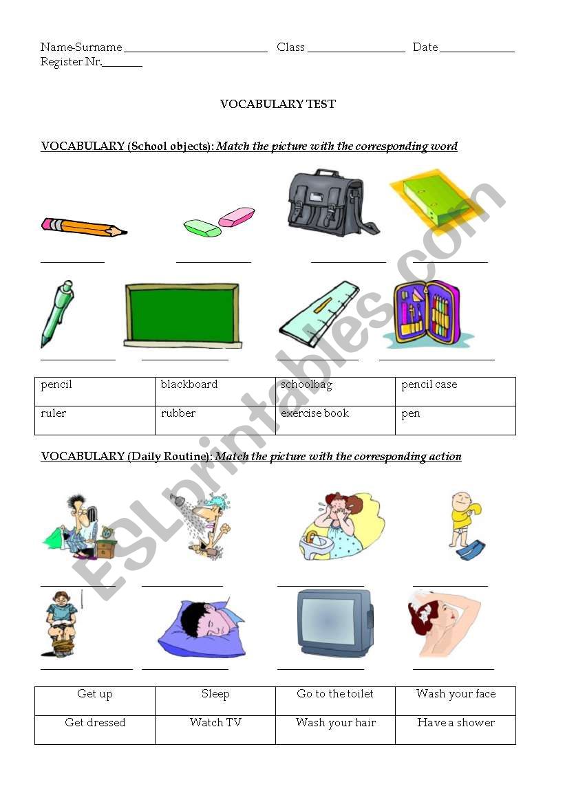 Vocabulary test about school objects and daily routine