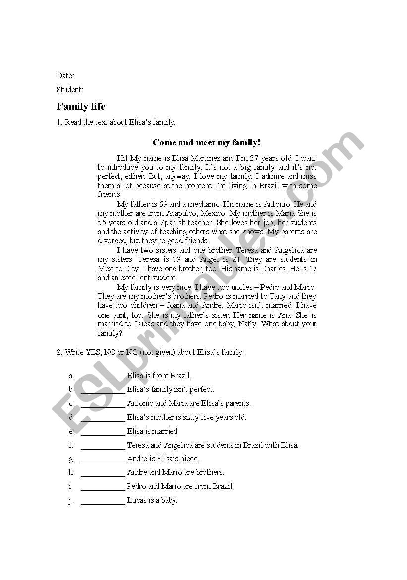 Family life worksheet