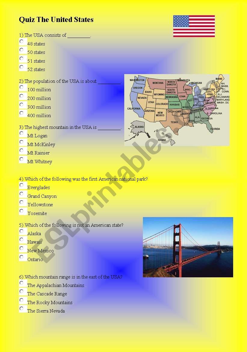 Quiz The United States worksheet