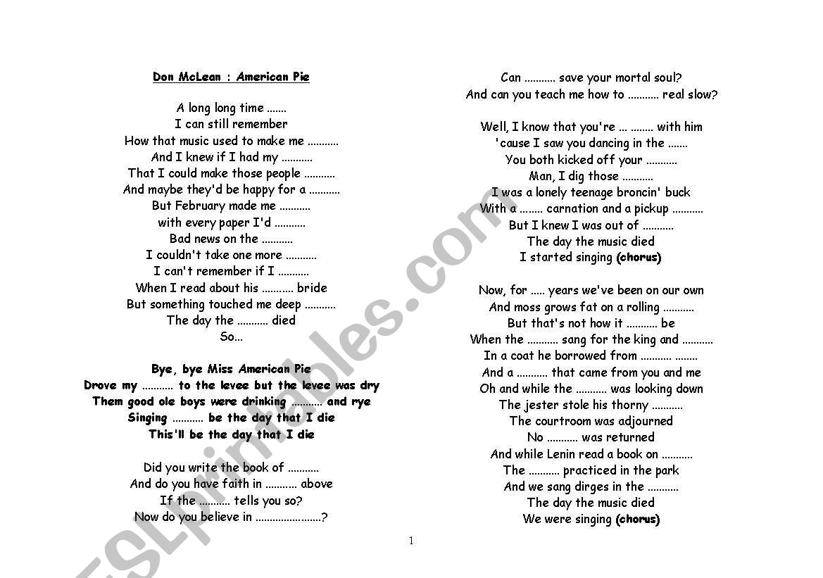 American Pie - Gap Fill worksheet