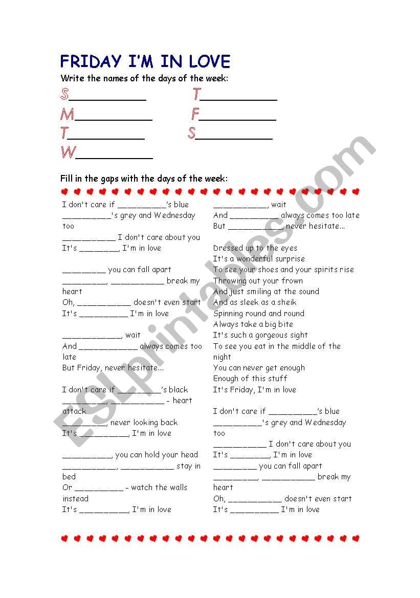 FRIDAY IM IN LOVE worksheet