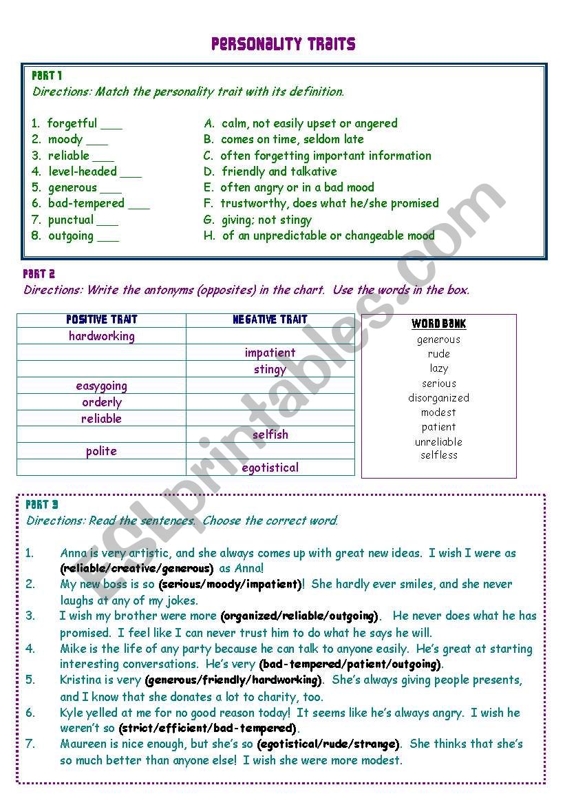 Personality Traits worksheet