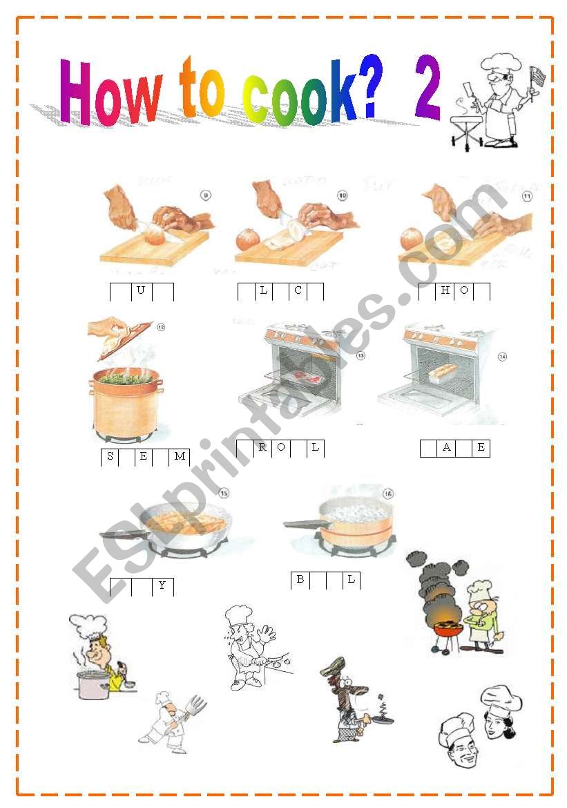 Vocab: How to describe cooking picyures:  words blank with some clues , not to difficult one: cut,slice,chop,steam,broil,bake,fry,boil  (+KEY) ....  No.2