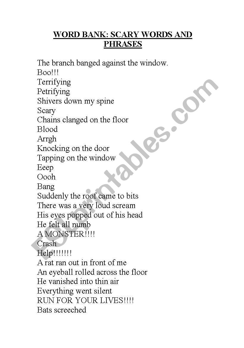 Word Bank Scary Stories worksheet