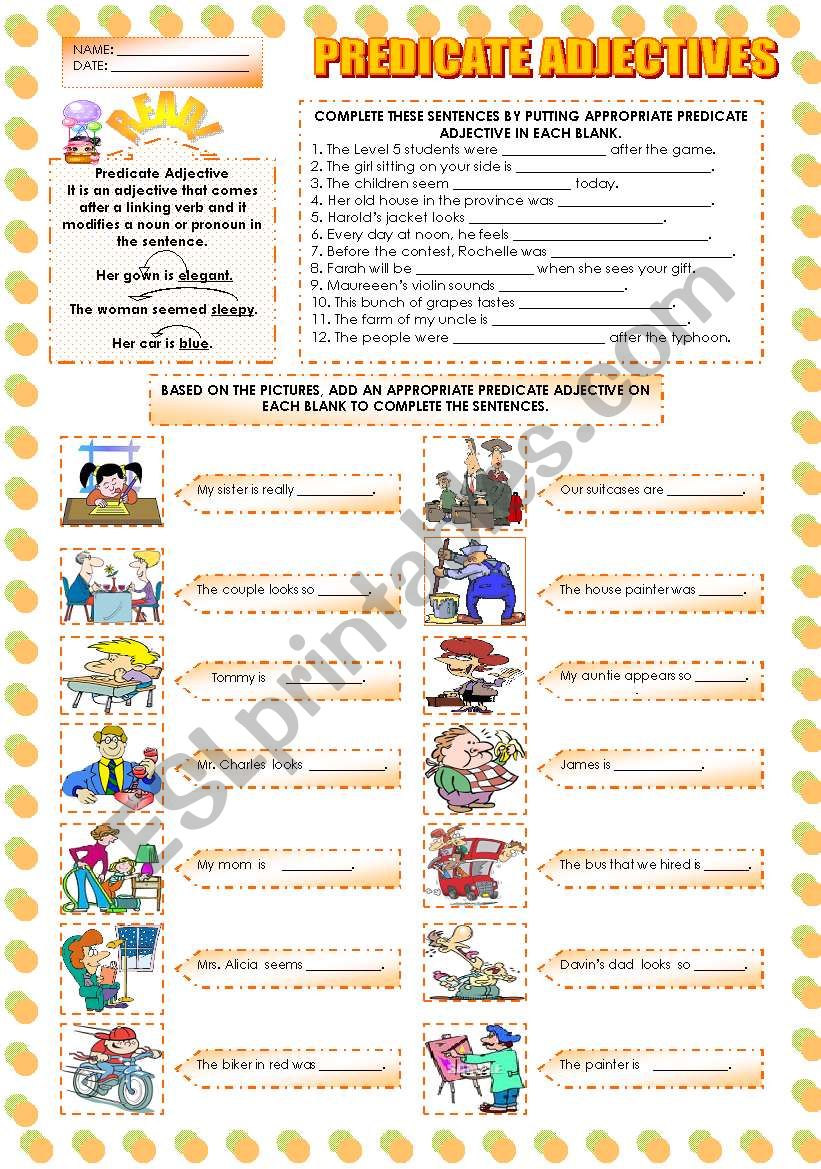 Predicate Adjective Worksheets Pdf