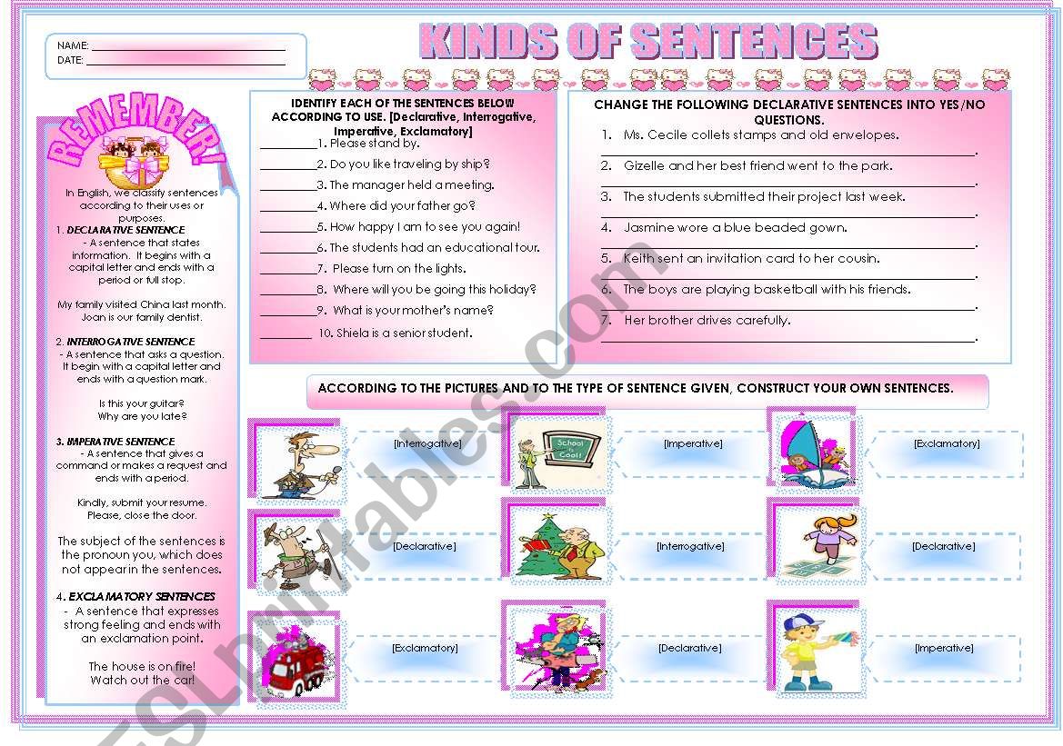 KINDS OF SENTENCES ACCORDING TO THEIR FUNCTION ESL Worksheet By Mavic15