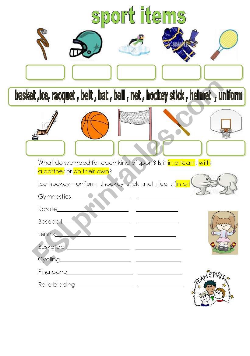 sports items worksheet