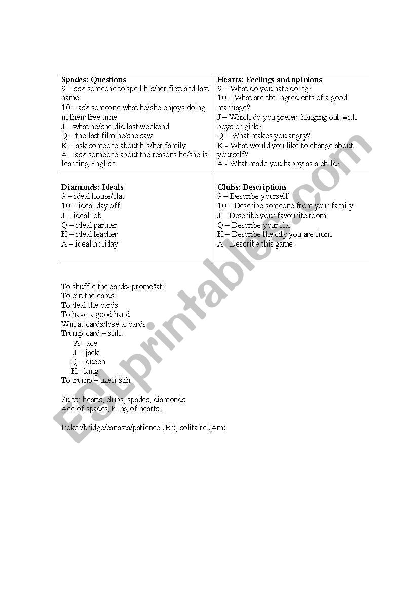 card game worksheet