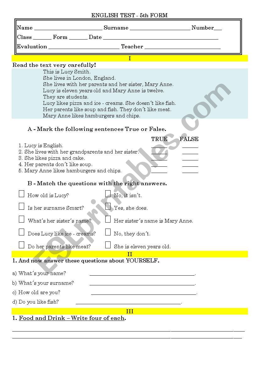 English test worksheet