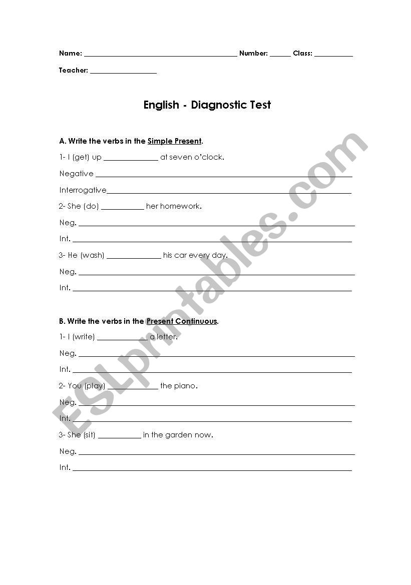 Diagnostic Test - 10th grade worksheet