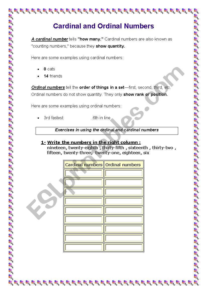 cardinal and ordinal numbers worksheet