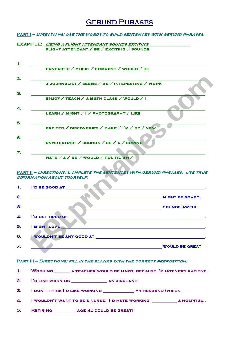 Gerund Phrases worksheet