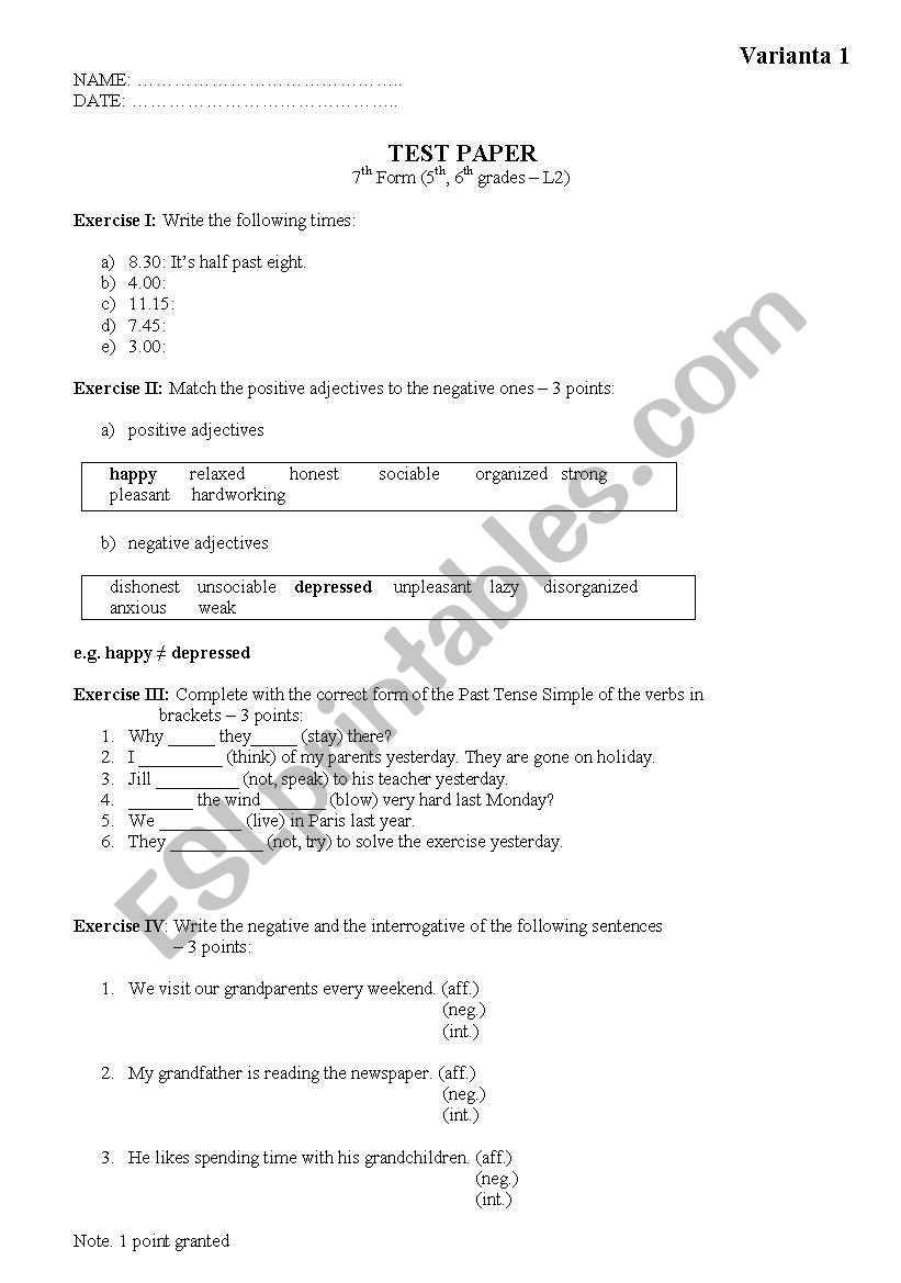 TEST PAPER - 7TH GRADE worksheet